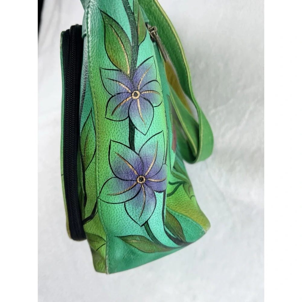 Anuschka‎ Hand Painted Green Leather Handbag Purse Birds Floral Organizer Art